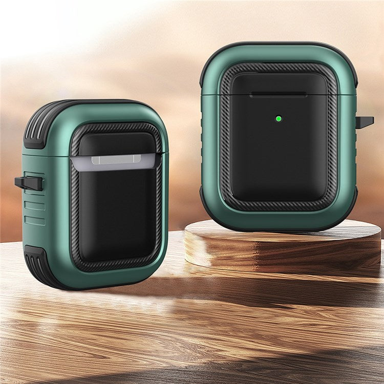 For Apple AirPods with Charging Case (2016)/(2019)/AirPods with Wireless Charging Case (2019) Anti-drop Earbuds Protective Case Earphone Cover with Hook - Black/Green