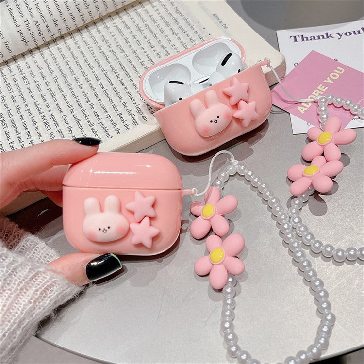 For Apple AirPods Pro Soft Durable TPU Earphone Case Cute Rabbit Stars Protective Cover with Flower Pear Handy Strap