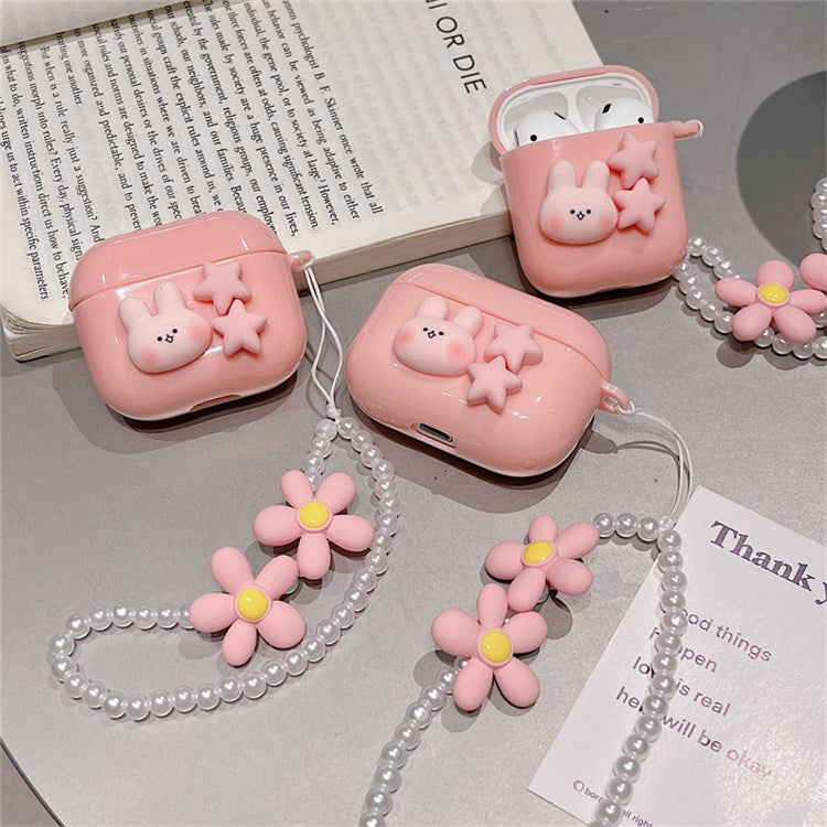 For Apple AirPods Pro Soft Durable TPU Earphone Case Cute Rabbit Stars Protective Cover with Flower Pear Handy Strap