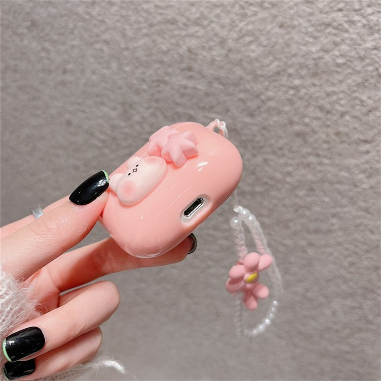 For Apple AirPods Pro Soft Durable TPU Earphone Case Cute Rabbit Stars Protective Cover with Flower Pear Handy Strap