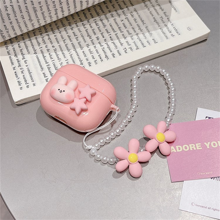 For Apple AirPods 3 Cute Rabbit Stars Soft TPU Earphone Case Protective Cover with Flower Pear Handy Strap