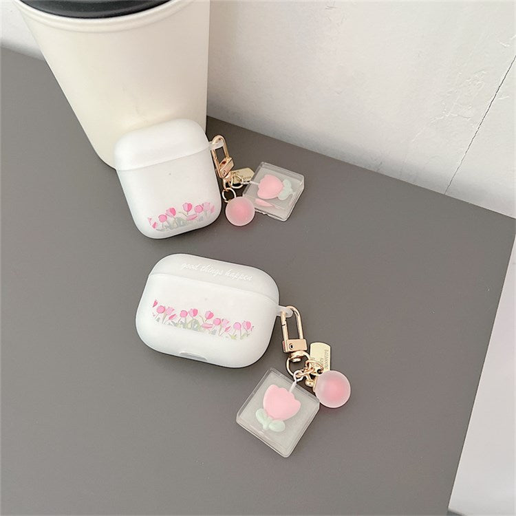 For Apple AirPods with Charging Case (2016)/(2019)/AirPods with Wireless Charging Case (2019) Tulip Pattern Earphone Case Flexible Soft TPU Protective Cover with Tulip Pendant