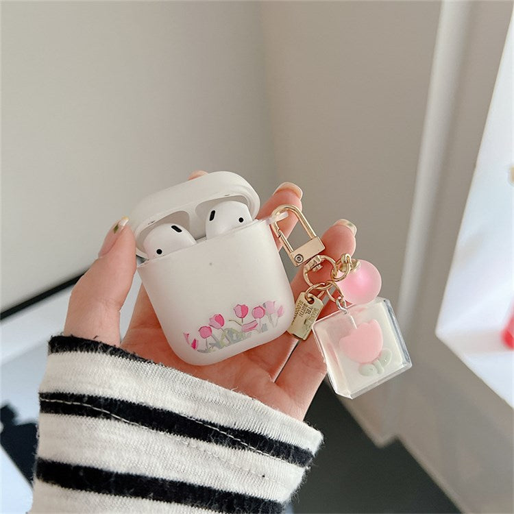 For Apple AirPods with Charging Case (2016)/(2019)/AirPods with Wireless Charging Case (2019) Tulip Pattern Earphone Case Flexible Soft TPU Protective Cover with Tulip Pendant