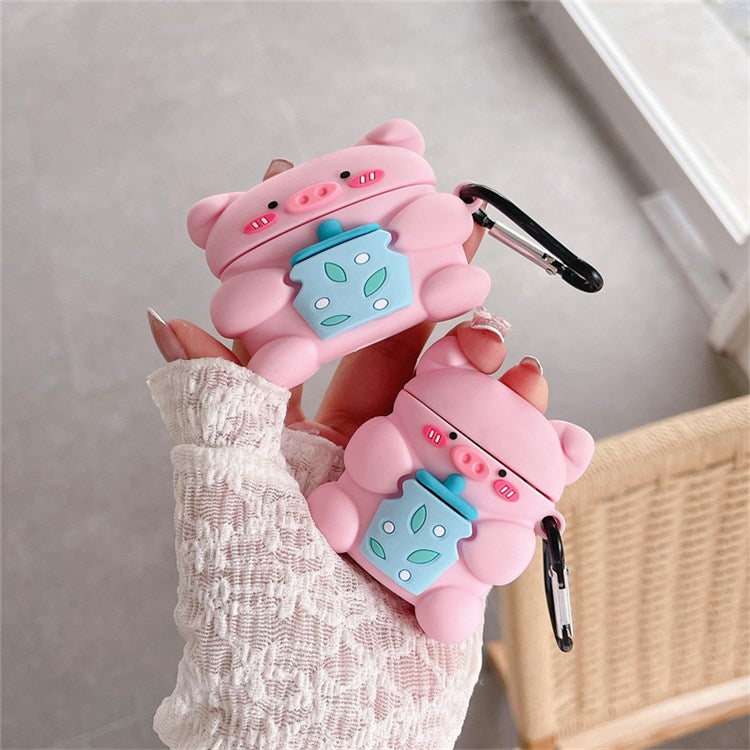 For Apple AirPods with Charging Case (2016)/(2019)/AirPods with Wireless Charging Case (2019) Charging Box Cute Piggy with Bottle Silicone Earphone Case Protector with Hook