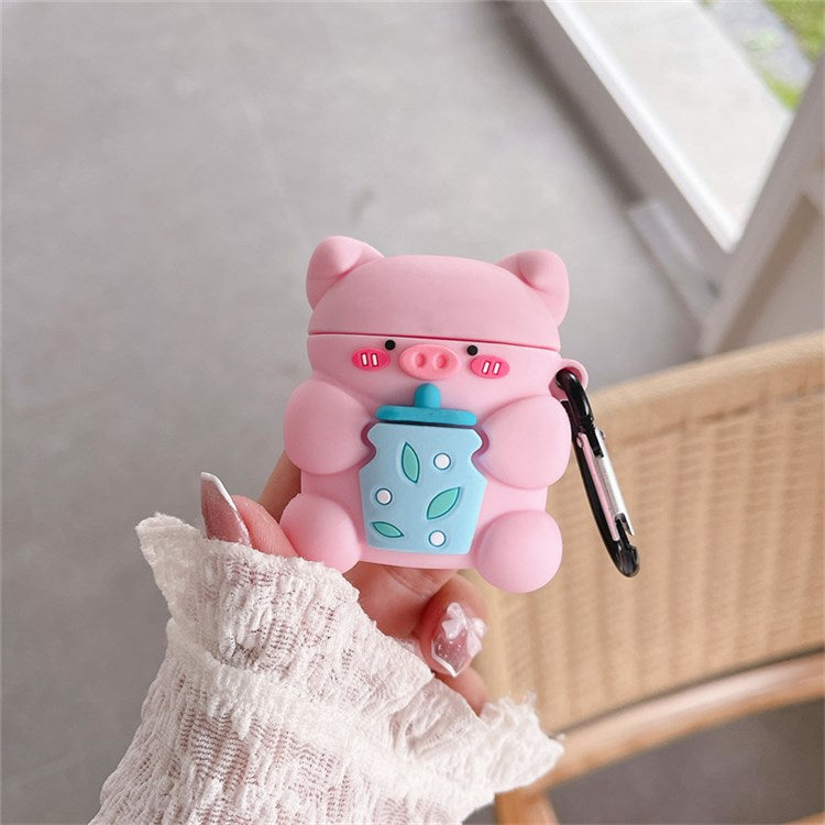 For Apple AirPods with Charging Case (2016)/(2019)/AirPods with Wireless Charging Case (2019) Charging Box Cute Piggy with Bottle Silicone Earphone Case Protector with Hook