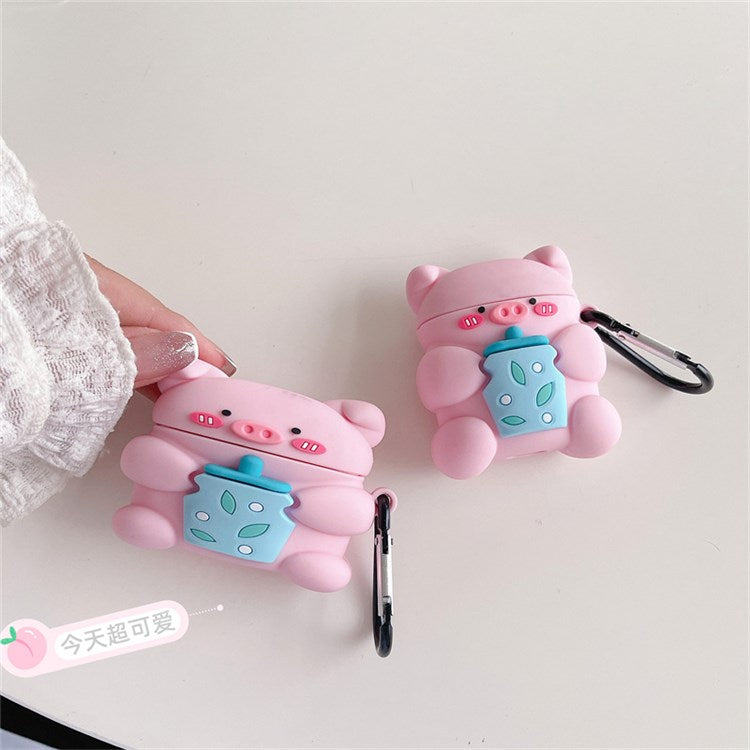 For Apple AirPods with Charging Case (2016)/(2019)/AirPods with Wireless Charging Case (2019) Charging Box Cute Piggy with Bottle Silicone Earphone Case Protector with Hook