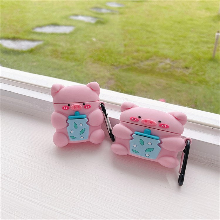 For Apple AirPods Pro Silicone Earphone Case Cute Piggy with Bottle Charging Box Anti-shock Cover Protector with Hook