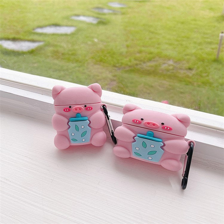 For Apple AirPods 3 Cute Piggy with Bottle Silicone Earphone Case Charging Box Anti-fall Cover Protector with Hook