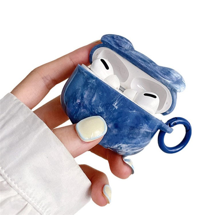 For Apple AirPods Pro Marble Pattern Bear Head Shape Stylish Soft TPU Protective Cover Earphone Case with Buckle - Blue