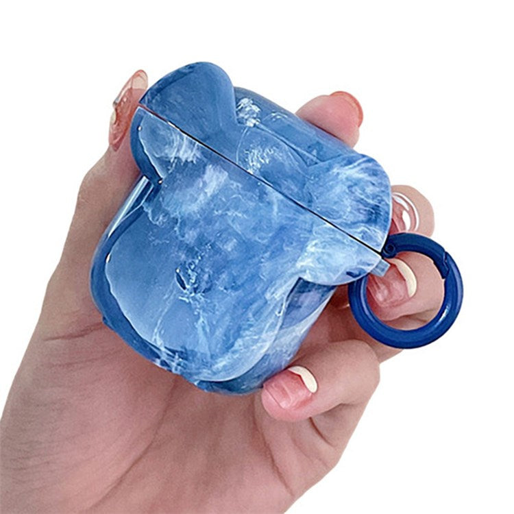 For Apple AirPods with Charging Case (2016)/(2019)/AirPods with Wireless Charging Case (2019) Earphone Case Soft TPU Marble Pattern Cute Bear Head Shape Protective Cover with Buckle - Blue