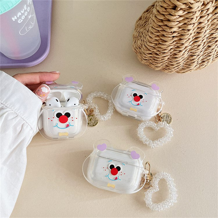 For Apple AirPods with Charging Case (2016)/(2019)/AirPods with Wireless Charging Case (2019) Cute Red Nose Bear Head Pattern Soft TPU Cover Clear Earphone Case with Heart Pendant