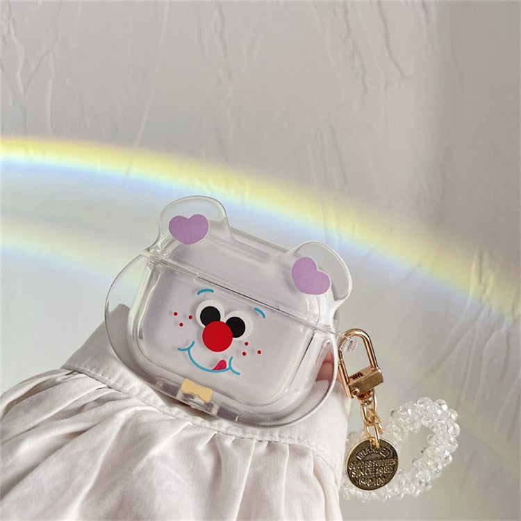 For Apple AirPods Pro Cute Bear Head Pattern Transparent Soft TPU Shockproof Protective Cover Earphone Case with Heart Pendant