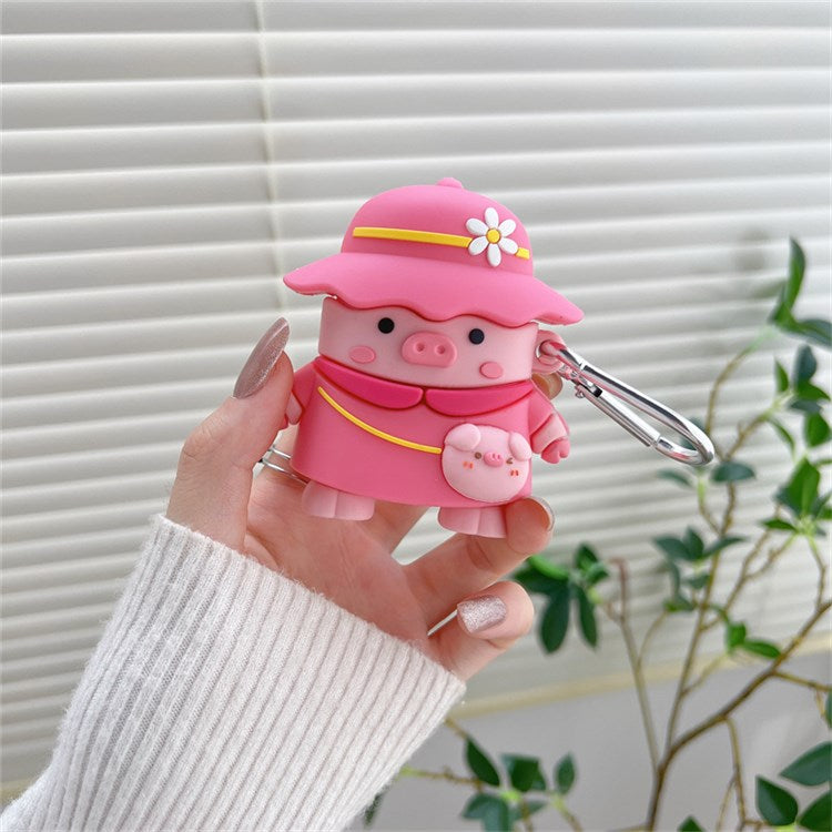 For Apple AirPods with Charging Case (2016)/(2019)/AirPods with Wireless Charging Case (2019) Piggy with Hat Design Shockproof Earphone Silicone Case Charging Box Protective Cover with Hook