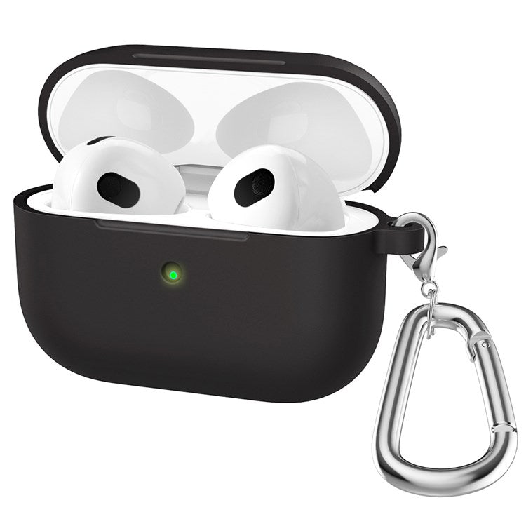 A060 Soft Silicone Earphone Cover for Apple AirPods 3, Shock-Absorbing Protective Case with Keychain - Black