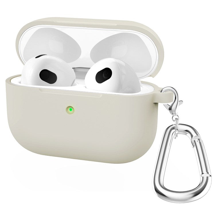 A060 Soft Silicone Earphone Cover for Apple AirPods 3, Shock-Absorbing Protective Case with Keychain - Beige