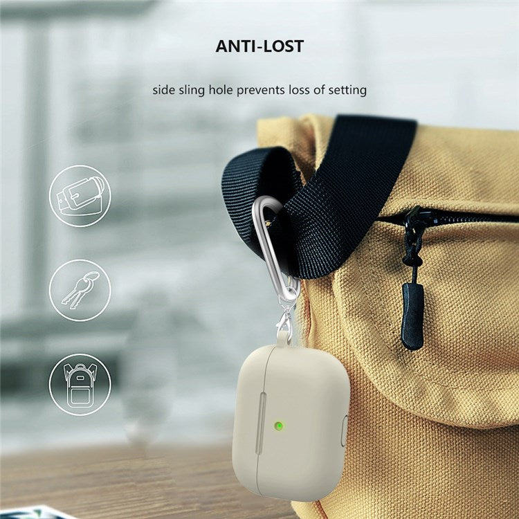 A060 Soft Silicone Earphone Cover for Apple AirPods 3, Shock-Absorbing Protective Case with Keychain - Beige