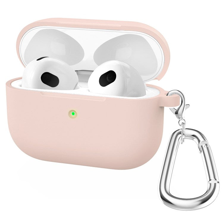 A060 Soft Silicone Earphone Cover for Apple AirPods 3, Shock-Absorbing Protective Case with Keychain - Light Pink