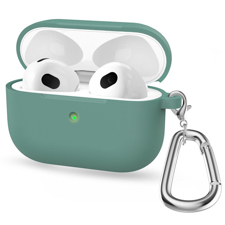 A060 Soft Silicone Earphone Cover for Apple AirPods 3, Shock-Absorbing Protective Case with Keychain - Pine Needle Green