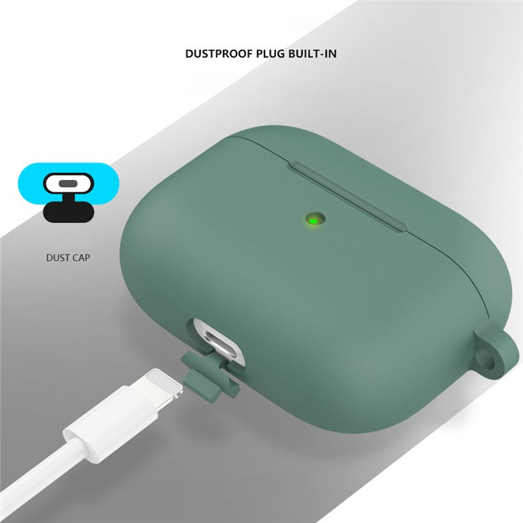 A060 Soft Silicone Earphone Cover for Apple AirPods 3, Shock-Absorbing Protective Case with Keychain - Pine Needle Green