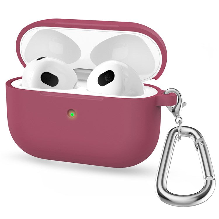 A060 Soft Silicone Earphone Cover for Apple AirPods 3, Shock-Absorbing Protective Case with Keychain - Rose Red