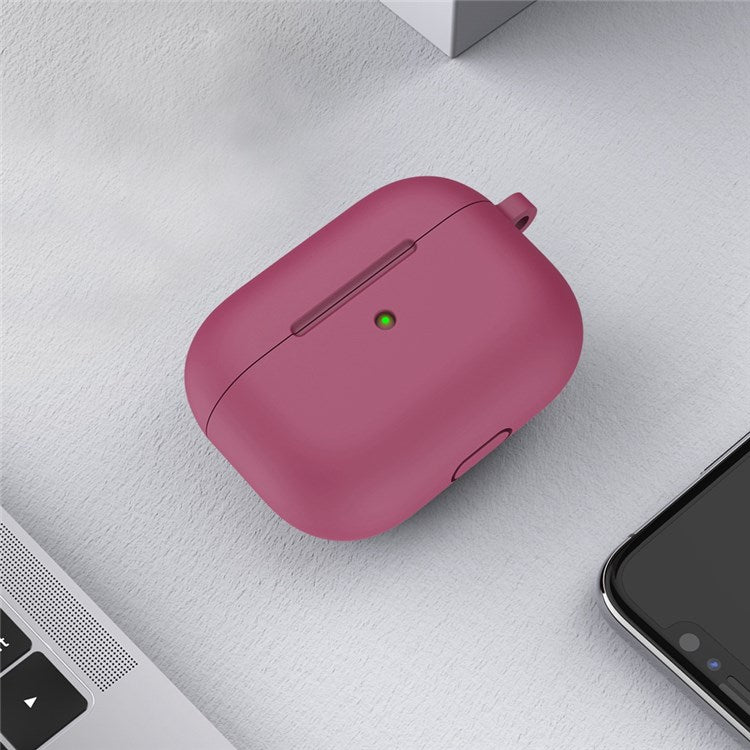 A060 Soft Silicone Earphone Cover for Apple AirPods 3, Shock-Absorbing Protective Case with Keychain - Rose Red