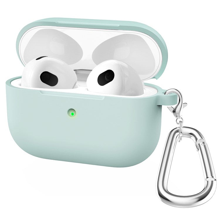 A060 Soft Silicone Earphone Cover for Apple AirPods 3, Shock-Absorbing Protective Case with Keychain - Light Green