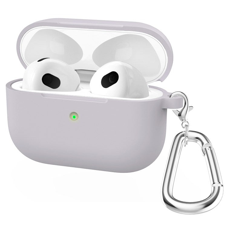 A060 Soft Silicone Earphone Cover for Apple AirPods 3, Shock-Absorbing Protective Case with Keychain - Lavender Purple