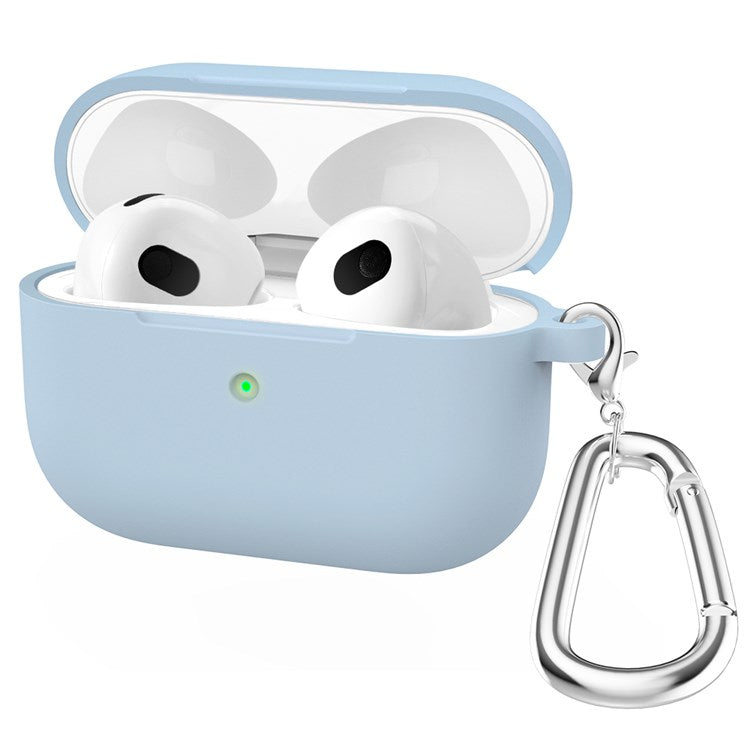 A060 Soft Silicone Earphone Cover for Apple AirPods 3, Shock-Absorbing Protective Case with Keychain - Baby Blue