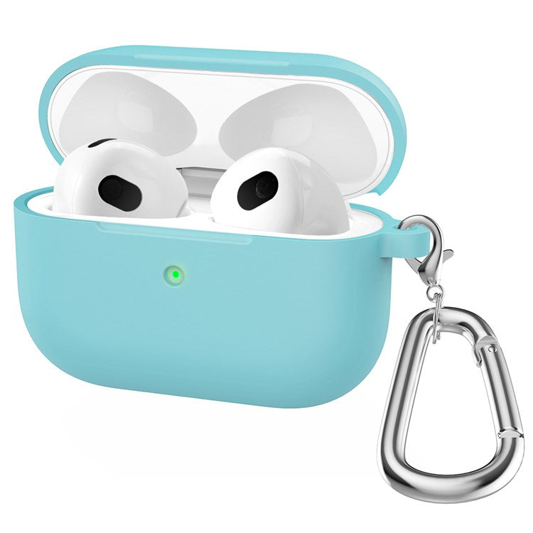 A060 Soft Silicone Earphone Cover for Apple AirPods 3, Shock-Absorbing Protective Case with Keychain - Emerald Green