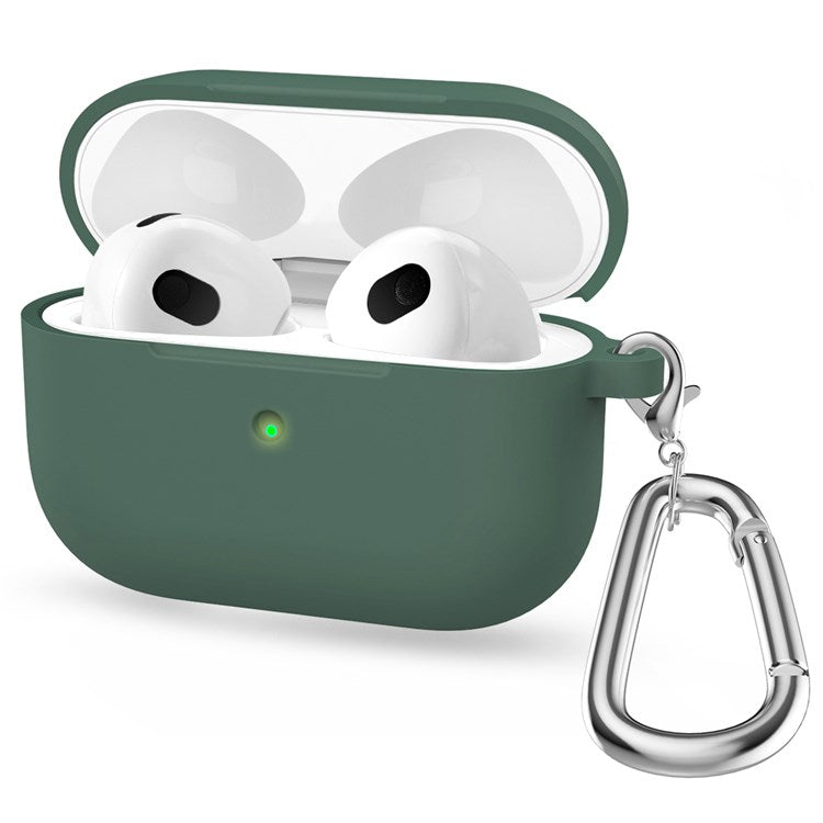 A060 Soft Silicone Earphone Cover for Apple AirPods 3, Shock-Absorbing Protective Case with Keychain - Olive Green