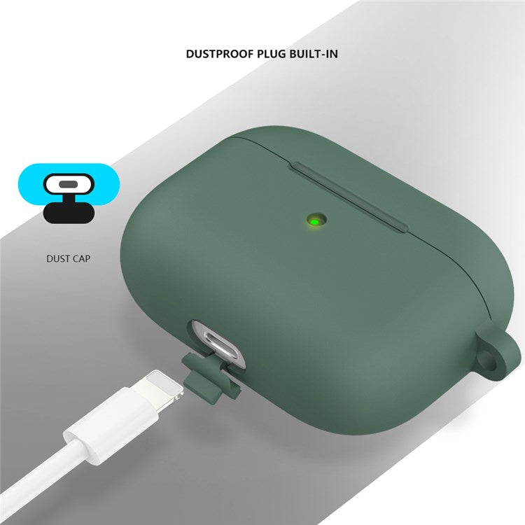 A060 Soft Silicone Earphone Cover for Apple AirPods 3, Shock-Absorbing Protective Case with Keychain - Olive Green