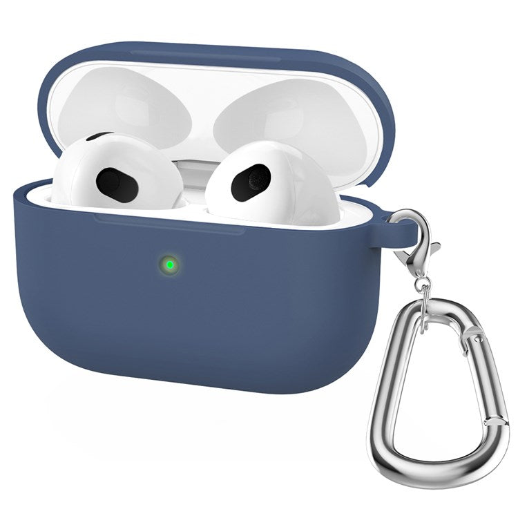 A060 Soft Silicone Earphone Cover for Apple AirPods 3, Shock-Absorbing Protective Case with Keychain - Midnight Blue