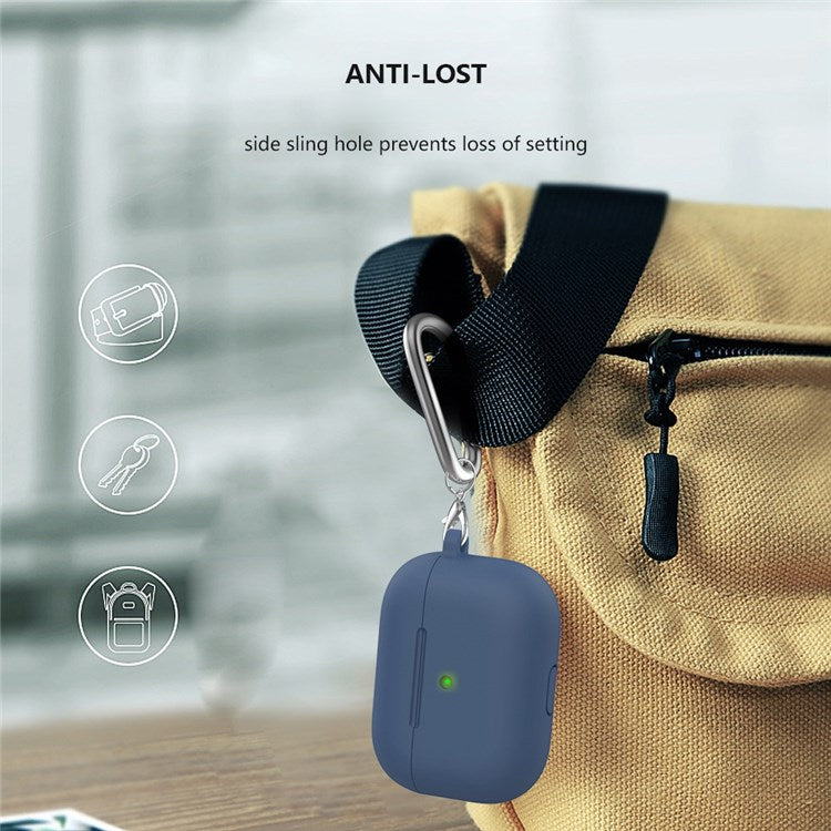 A060 Soft Silicone Earphone Cover for Apple AirPods 3, Shock-Absorbing Protective Case with Keychain - Midnight Blue