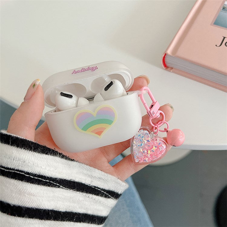 For Apple AirPods Pro Soft TPU Protective Cover Rainbow Heart Pattern Anti-fall Earphone Case with Heart Pendant