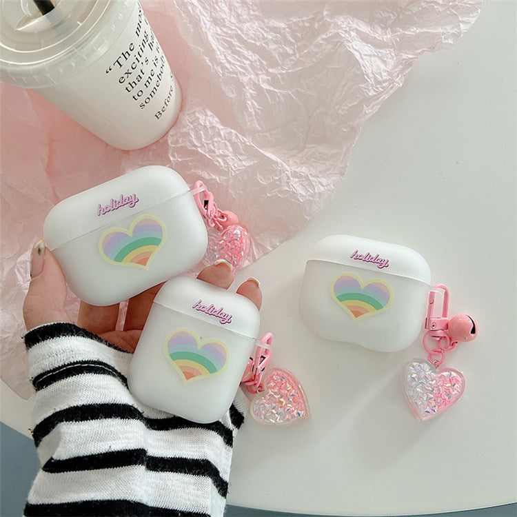 For Apple AirPods with Charging Case (2016) / (2019) / AirPods with Wireless Charging Case (2019) Rainbow Heart Pattern Earphone Case Anti-shock Soft TPU Protective Cover with Heart Pendant