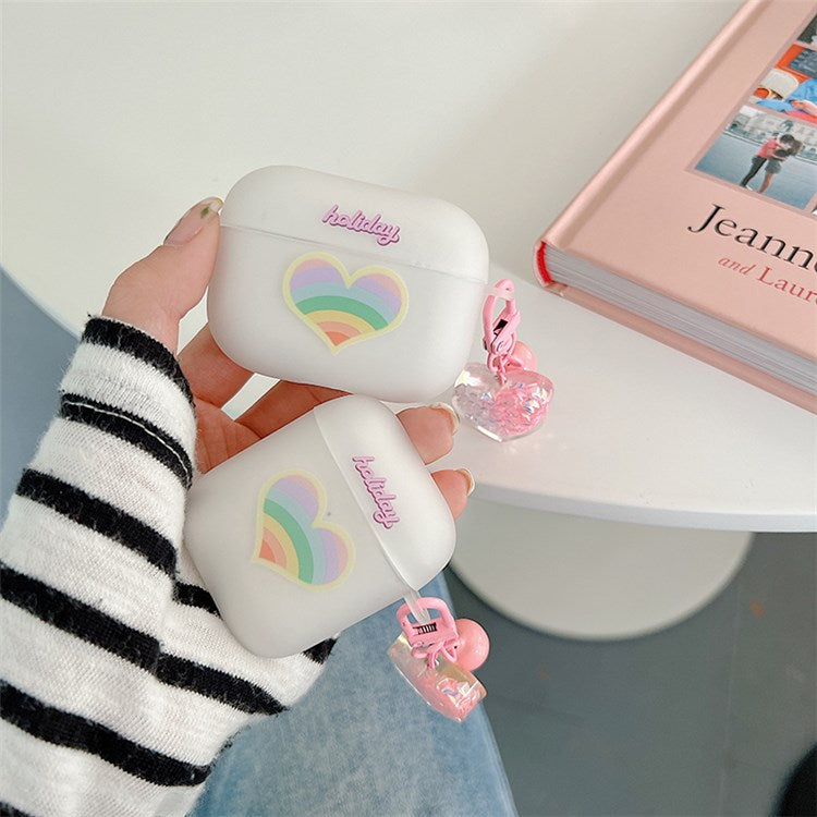 For Apple AirPods 3 Rainbow Heart Pattern Anti-drop Earphone Case Durable Soft TPU Protective Cover with Heart Pendant