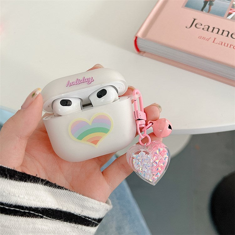 For Apple AirPods 3 Rainbow Heart Pattern Anti-drop Earphone Case Durable Soft TPU Protective Cover with Heart Pendant