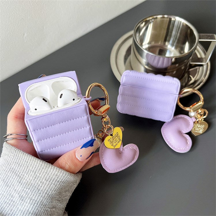 For Apple AirPods with Charging Case (2016) / (2019) / AirPods with Wireless Charging Case (2019) Down Jacket Pattern Earphone Case Stylish Leather+TPU Protective Cover with Heart Pendant - Purple