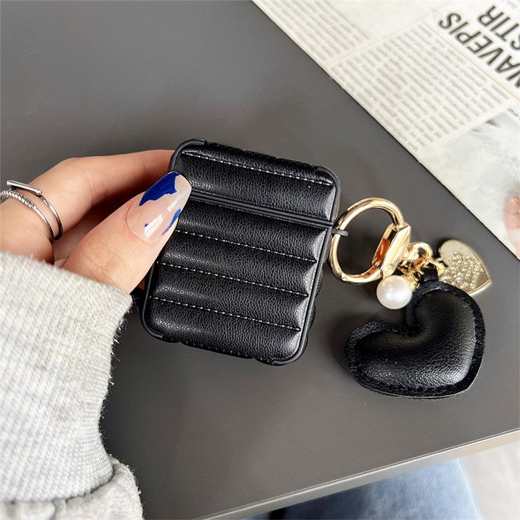 For Apple AirPods with Charging Case (2016) / (2019) / AirPods with Wireless Charging Case (2019) Down Jacket Pattern Earphone Case Stylish Leather+TPU Protective Cover with Heart Pendant - Black