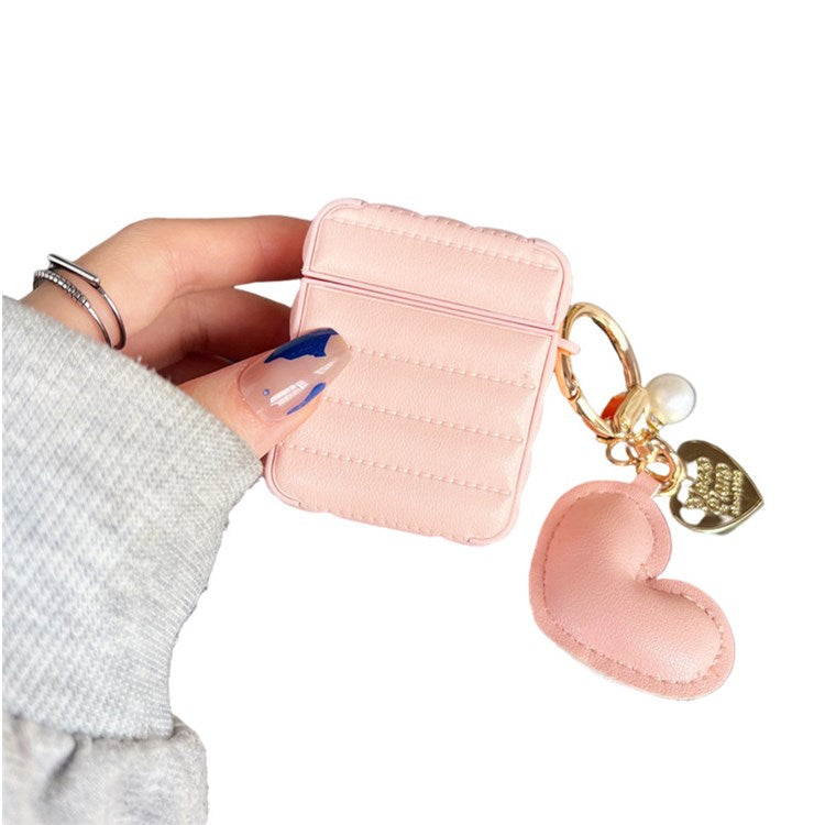 For Apple AirPods with Charging Case (2016) / (2019) / AirPods with Wireless Charging Case (2019) Down Jacket Pattern Earphone Case Stylish Leather+TPU Protective Cover with Heart Pendant - Pink