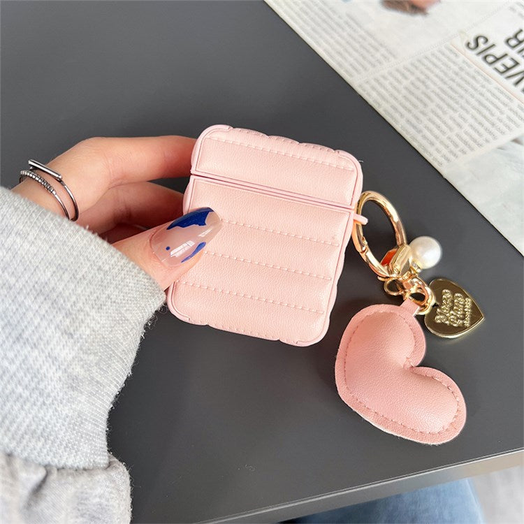 For Apple AirPods with Charging Case (2016) / (2019) / AirPods with Wireless Charging Case (2019) Down Jacket Pattern Earphone Case Stylish Leather+TPU Protective Cover with Heart Pendant - Pink