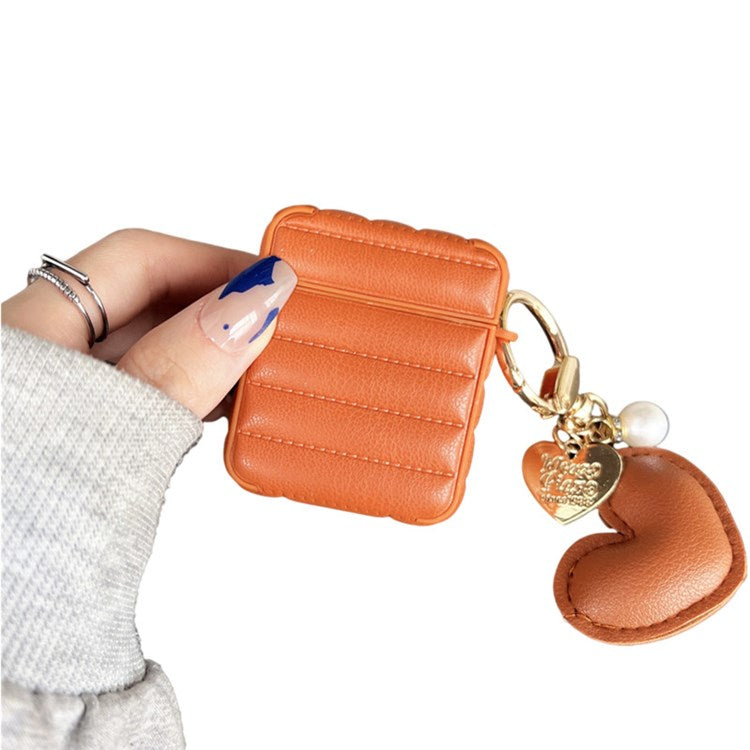 For Apple AirPods with Charging Case (2016) / (2019) / AirPods with Wireless Charging Case (2019) Down Jacket Pattern Earphone Case Stylish Leather+TPU Protective Cover with Heart Pendant - Orange