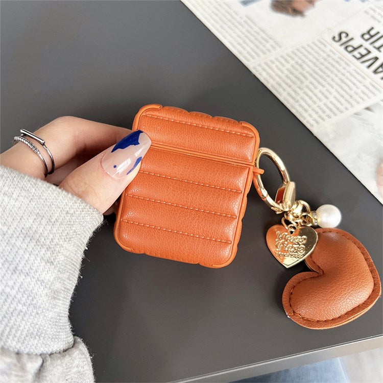 For Apple AirPods with Charging Case (2016) / (2019) / AirPods with Wireless Charging Case (2019) Down Jacket Pattern Earphone Case Stylish Leather+TPU Protective Cover with Heart Pendant - Orange