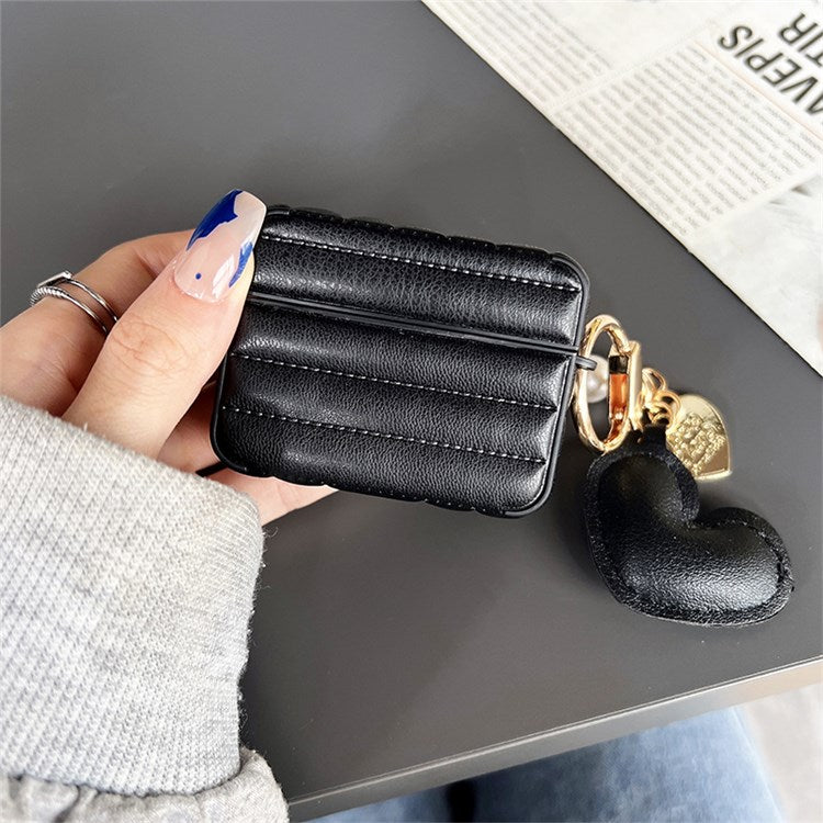 For Apple AirPods Pro Fashionable Down Jacket Pattern Earphone Case Leather+TPU Anti-scratch Protective Cover with Heart Pendant - Black