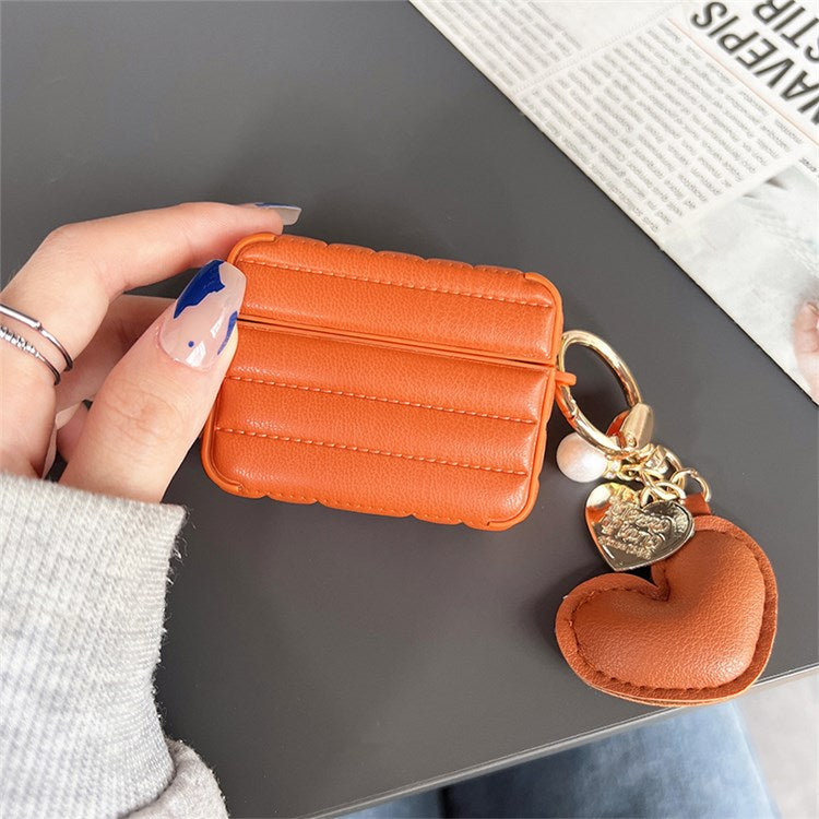 For Apple AirPods Pro Fashionable Down Jacket Pattern Earphone Case Leather+TPU Anti-scratch Protective Cover with Heart Pendant - Orange