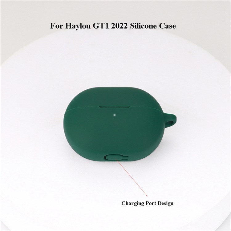 For Haylou GT1 2022 Anti-scratch Silicone Cover TWS Earphone Protective Sleeve Case with Anti-lost Buckle - Midnight Green