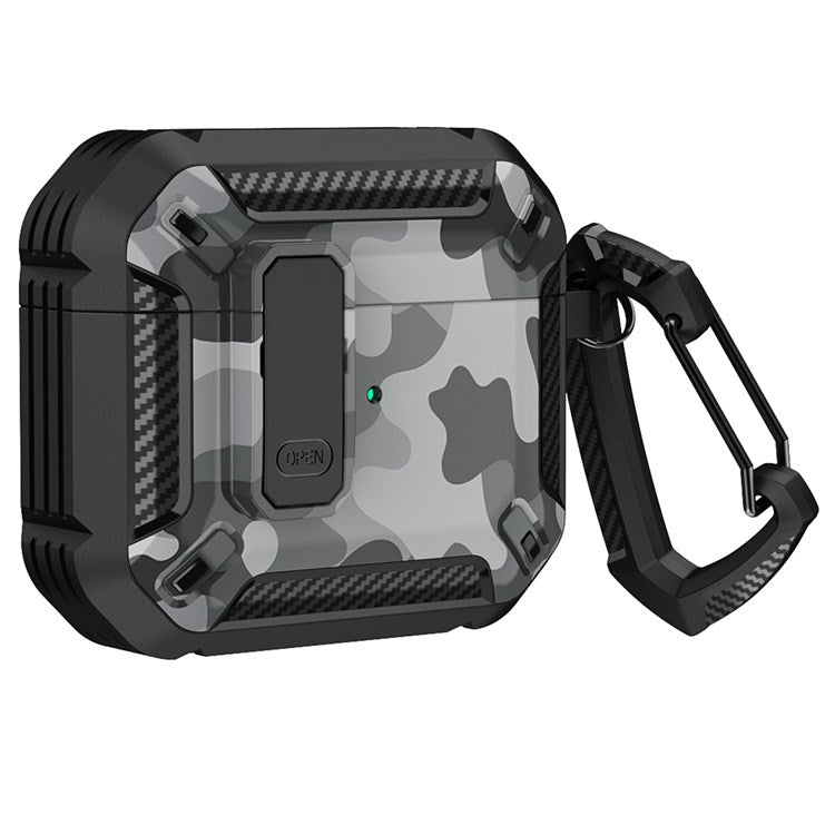 For Apple AirPods 3 Protective Case Portable Earbuds Soft TPU+PC Cover with Buckle - Black / Camo Grey