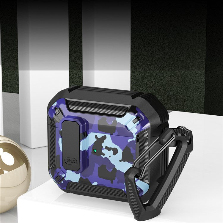 For Apple AirPods 3 Protective Case Portable Earbuds Soft TPU+PC Cover with Buckle - Black / Camo Blue