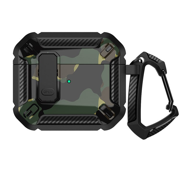 For Apple AirPods 3 Protective Case Portable Earbuds Soft TPU+PC Cover with Buckle - Black / Camo Green