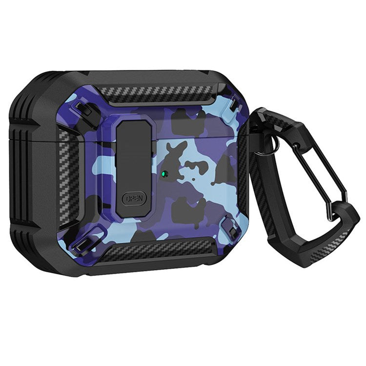 For Apple AirPods Pro Soft TPU+PC Cover Bluetooth Earbuds Protective Case Pattern Printed Shell with Buckle - Black / Camo Blue